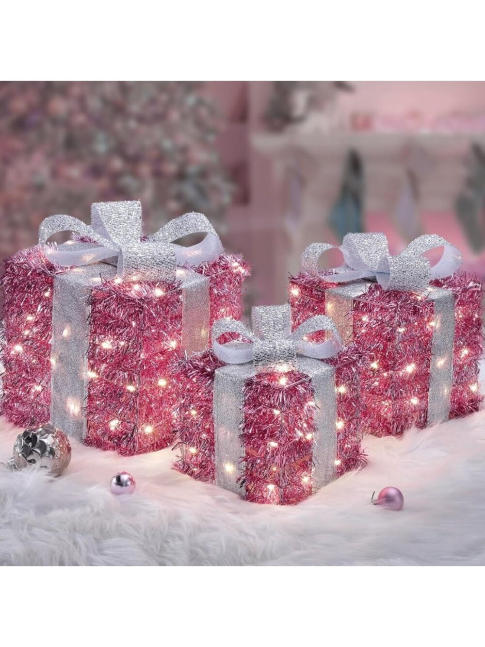 Lighted Christmas Gift Boxes with 140 LEDs - Pink Holiday Decorations